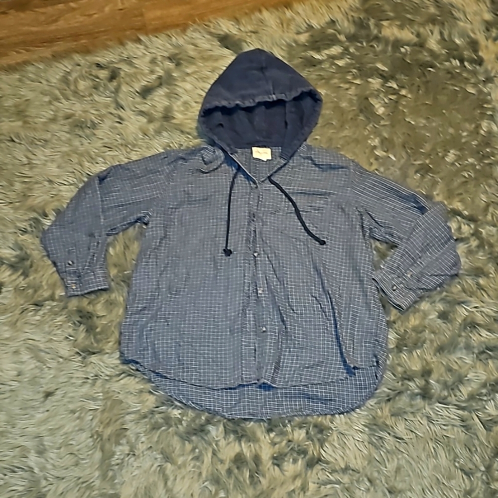 American Eagle Womens large super soft hooded flannel shirt, button down !!Blue!